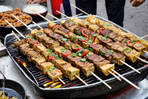 Street Food Snacks Items like stinky tofu, skewered meats (such as lamb kebabs or chicken skewers), Jianbing (Chinese crepes)