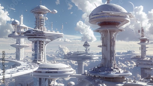 Generiere eine Szene einer futuristischen Raumstadt auf einem entfernten Planeten. 