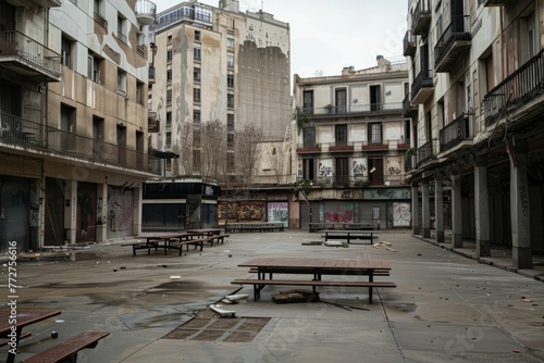 A deserted city plaza surrounded by abandoned buildings, with empty benches, deserted cafes, and the eerie stillness of urban abandonment, Generative AI