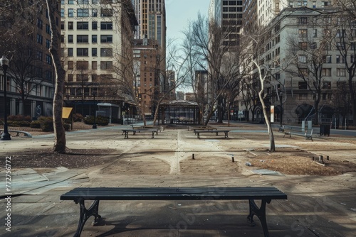 A deserted city plaza surrounded by abandoned buildings, with empty benches, deserted cafes, and the eerie stillness of urban abandonment, Generative AI