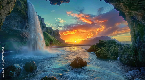 A stunning landscape photograph of the breathtaking waterfall at Sunset in Iceland