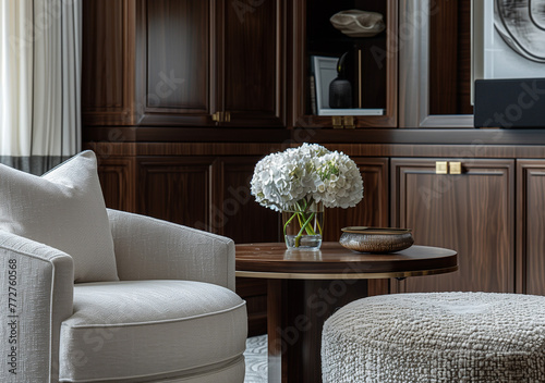 Nestled within a frame of custom millwork and bespoke furnishings, the close-up of the modern luxury interior design showcased unparalleled craftsmanship and attention to detail, elevating the space 