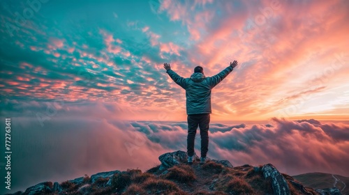 Man standing on top of the mountain with raised hands and enjoying the view