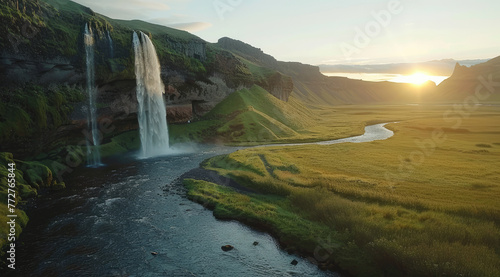 A stunning landscape photograph of the breathtaking waterfall at Sunset in Iceland