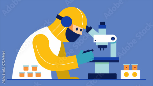A closeup of a worker in protective gear carefully inspecting a handful of minuscule components under a microscope. The high level of attention