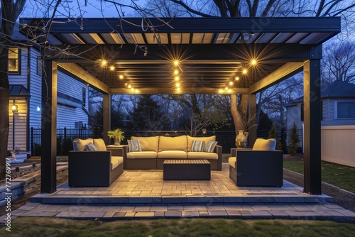 modern pergola with led lights and outdoor sofas