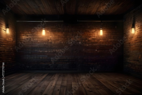Dark basement room, empty old brick wall, sparks of fire and light on the walls and wooden floor. Dark background with smoke and bright highlights. neon lamps on the wall, night, Generative AI