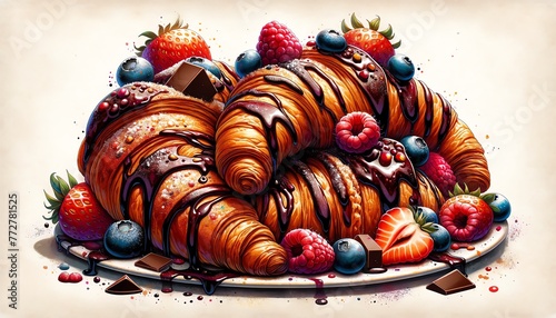 Vivid illustration of Croissants au chocolat et aux petits fruits