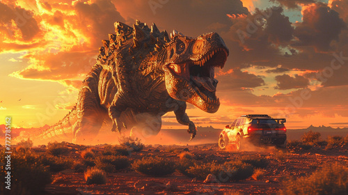 A massive dinosaur chases a speeding car through a desert with a fiery sunset sky above