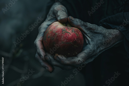 Witch Hand Holding a Poison Fruit in a Foggy Haunted Horror Forest
