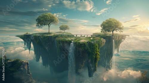 A surreal landscape with floating islands connected by bridges of light