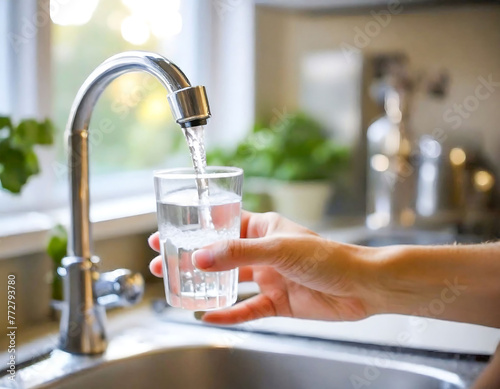 A person is holding a glass of water in front of a sink. The sink is silver and has a faucet. Concept water shortage, drought