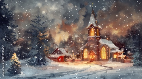 Soft watercolor scene of a village church on Christmas Eve, warm light pouring from stained glass windows into the snowy night
