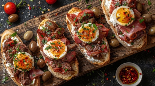  A wooden cutting board topped with slices of bread and meat, crowned with an egg on an open-faced sandwich