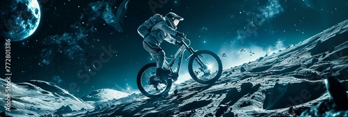 Astronaut riding a bicycle on a lunar surface with an earth-like planet in the background. Science