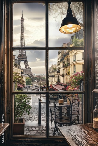 A charming window scene looking out onto a bustling Parisian street, with quaint cafes, cobblestone sidewalks, and the iconic Eiffel Tower standing tall in the distance, Generative AI