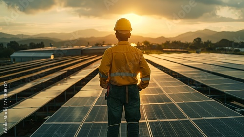 Engineer overlooking solar panels at sunset