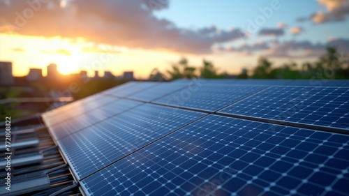 Close-up of solar panels with sunrise in background