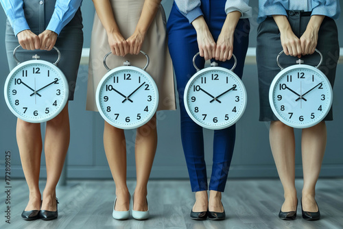 Four women in a line holding large clocks, symbolizing time management and deadlines