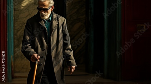 Portrait of senior mature bearded blind man using a walking stick for orientation indoor. People with Disabilities, Health concepts.