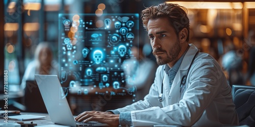 A doctor in scrubs sits at a desk typing on a laptop as an AI interface hovers above showing digital data and holographic images of anatomy, Generated by AI