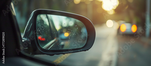 The side mirror of a car showcases the evening commute with blurred vehicles in a warm sunset hue