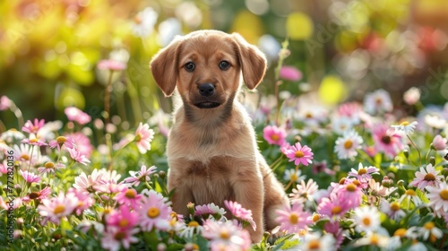 Puppy Amidst the Daisies: A Portrait of Springtime Splendor - Generative AI