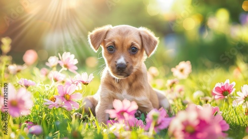 Puppy Amidst the Daisies: A Portrait of Springtime Splendor - Generative AI