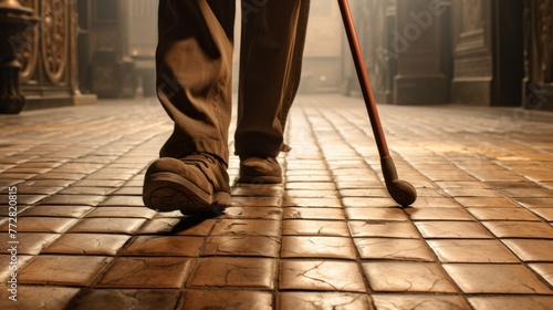 Close up of photo of elderly man walking with cane on the sidewalk in city. Man using walking stick to cross the street. People with Disabilities, Health concepts.
