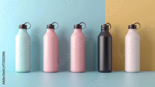 A spectrum of insulated bottles in pastel hues, neatly arranged against a dual-toned blue and yellow background