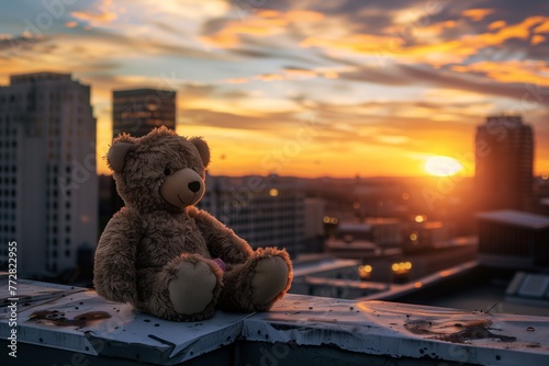 stuffed bear on city rooftop with sunset backdrop