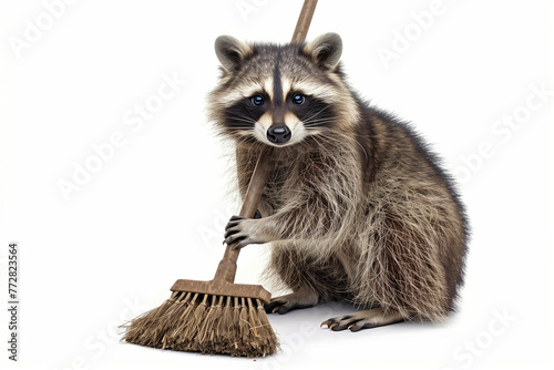 Cheerful raccoon tidying apartment with mini broom, isolated on white
