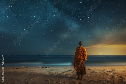 monk on a tranquil beach with starry sky, facing the ocean at night
