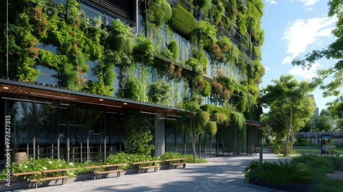 A contemporary office building featuring lush vertical gardens and eco-friendly architecture under a clear blue sky. AIG41