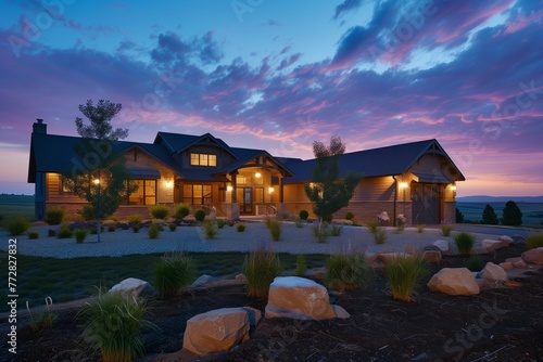 a ranch homes exterior at twilight with landscape lighting