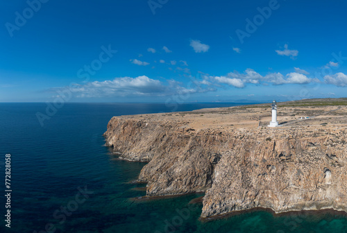 aerial view of Cap de Barbaria and the landmark lighthouse on Formentera Island