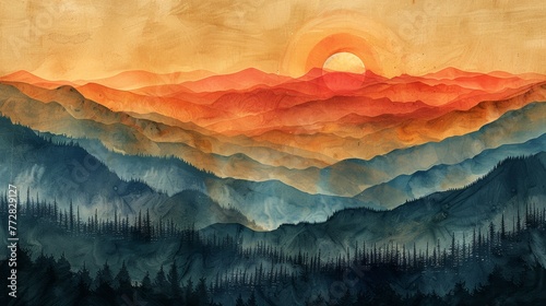 Abstract mountain landscape at sunset