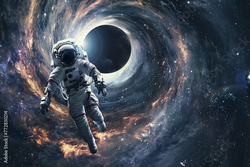 A lone astronaut in space suit floats before the cosmic mystery of a black hole.