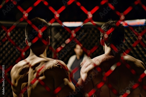 two fighters in an octagon cage, referee in the background