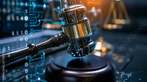 AI ethics and AI Law concept Judicial gavel and laptop, generative Ai