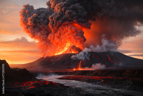 A landscape of a volcano eruption
