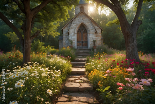 Flowers blooming with a church background