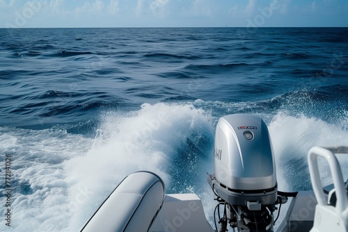 individual steering boat with outboard engine at sea