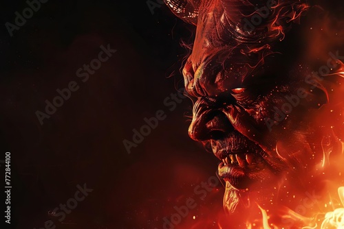 Angry devil profile, copy space, black background, hell concept art. Digital illustration.