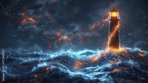 An innovative depiction of a lighthouse transmitting data signals amidst a data-driven landscape, aimed at illuminating industries with valuable insights.