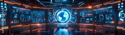 An advanced futuristic command center filled with holographic displays and interfaces, showcasing global data and analytics in neon blue.