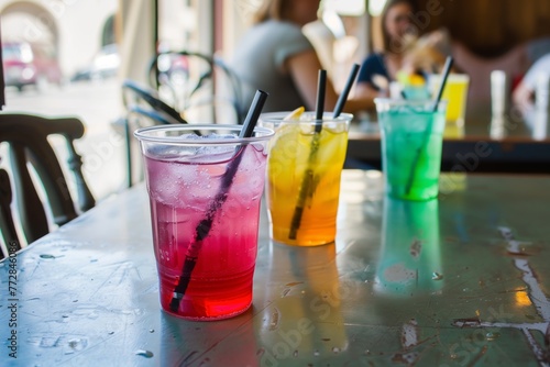brightly colored mocktails on a cafe table