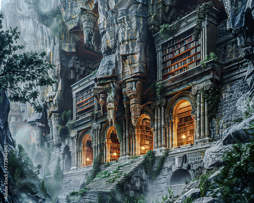 An ancient library carved into a mountain