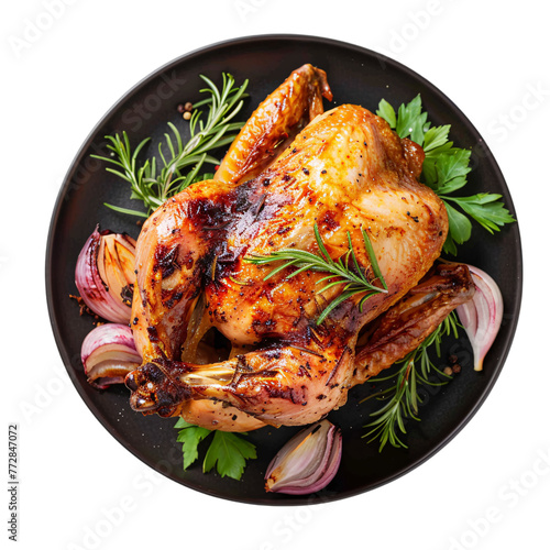  Grilled whole chicken on a black plate decoarated with onions and rosemary , Top view of a whole golden color grilled chicken 