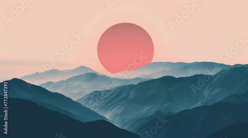 Stylized illustration of mountain landscape at sunset